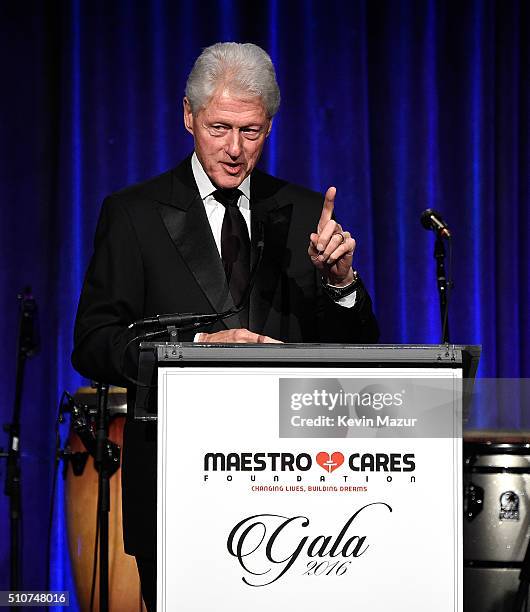 President Bill Clinton speaks onstage during Maestro Cares "Changing Lives, Building Dreams" Third Annual Gala at Cipriani Wall Street on February...