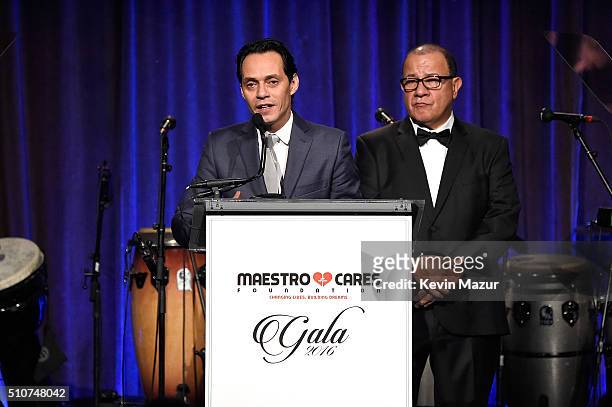 Marc Anthony and Henry Cardenas speak onstage during Maestro Cares "Changing Lives, Building Dreams" Third Annual Gala at Cipriani Wall Street on...