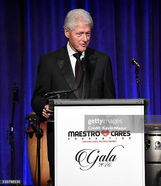 President Bill Clinton speaks onstage during Maestro Cares "Changing Lives, Building Dreams" Third Annual Gala at Cipriani Wall Street on February...