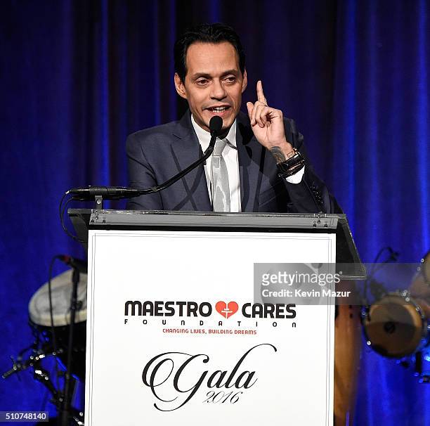 Marc Anthony speaks onstage during Maestro Cares "Changing Lives, Building Dreams" Third Annual Gala at Cipriani Wall Street on February 16, 2016 in...