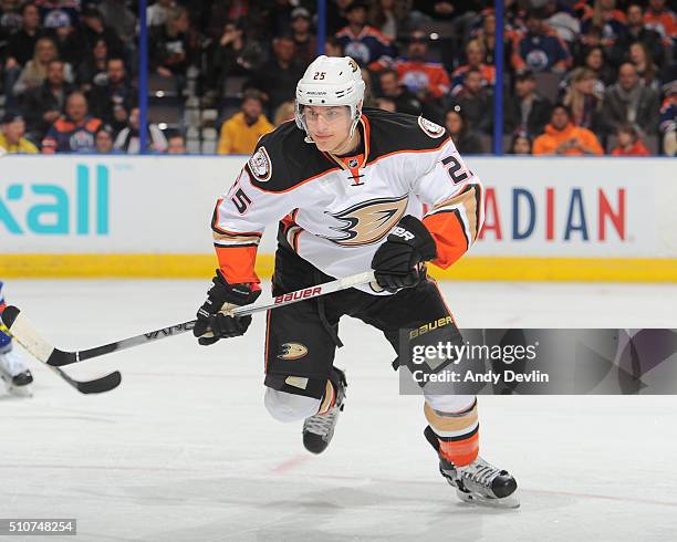 Mike Santorelli of the Anaheim Ducks skates during a game against the Edmonton Oilers on February 16, 2016 at Rexall Place in Edmonton, Alberta,...