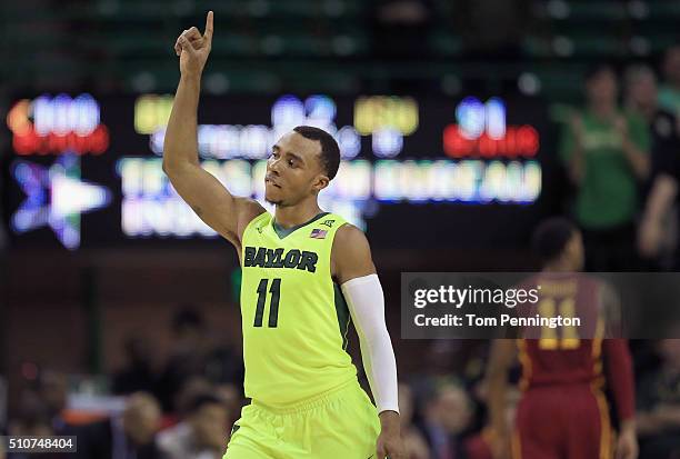 Lester Medford of the Baylor Bears celebrates an overtime win 100-91 over Iowa State Cyclones at Ferrell Center on February 16, 2016 in Waco, Texas.