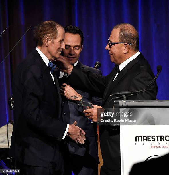 President and CEO of TracFone Wireless Inc., F.J. Pollak, Marc Anthony and Henry Cardenas onstage during Maestro Cares "Changing Lives, Building...