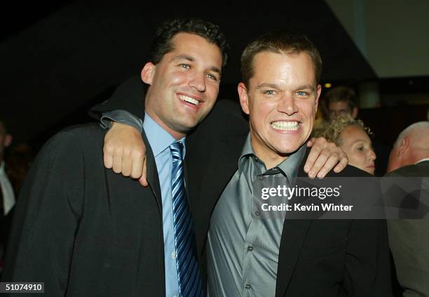 Universal's Scott Stuber and actor Matt Damon pose at the premiere of Universal's "The Bourne Supremacy" at the Arclight Cinemas on July 15, 2004 in...