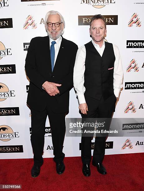Actors Donald Sutherland and Kiefer Sutherland arrive at a screening for Momentum Pictures' "Forsaken" at the Autry Museum of the American West on...