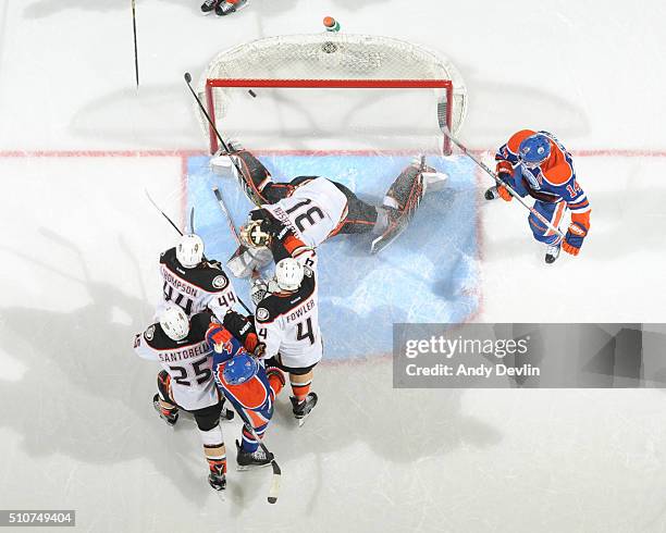 Taylor Hall of the Edmonton Oilers scores a goal on Frederik Andersen of the Anaheim Ducks on February 16, 2016 at Rexall Place in Edmonton, Alberta,...