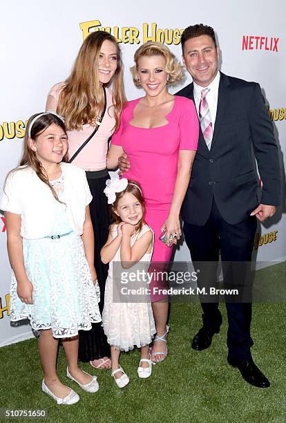 Zoie Laurel May Herpin, guest, Beatrix Carlin Sweetin-Coyle, actress Jodie Sweetin, and Justin Hodak attend the premiere of Netflix's "Fuller House"...
