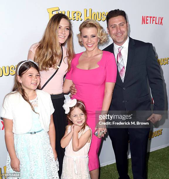 Zoie Laurel May Herpin, guest, Beatrix Carlin Sweetin-Coyle, actress Jodie Sweetin, and Justin Hodak attend the premiere of Netflix's "Fuller House"...