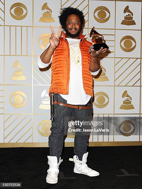 Musician Thundercat poses in the press room at the The 58th GRAMMY Awards at Staples Center on February 15, 2016 in Los Angeles, California.