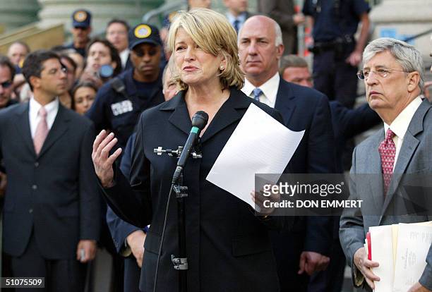 Martha Stewart makes a statement as she leaves Federal Court in Manhattan 16 July, 2004 after being sentenced. Stewart was sentenced 16 July to five...