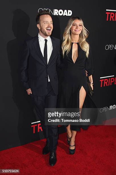 Actor Aaron Paul and Lauren Parsekian attend the premiere of Open Road's "Triple 9" held at Regal Cinemas L.A. Live on February 16, 2016 in Los...