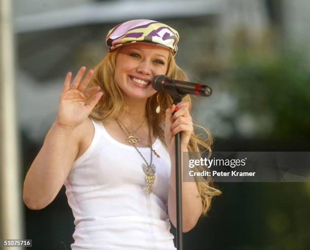 Singer Hilary Duff makes an appearance on Good Morning America Summer Concert Series July 16, 2004 in New York City.