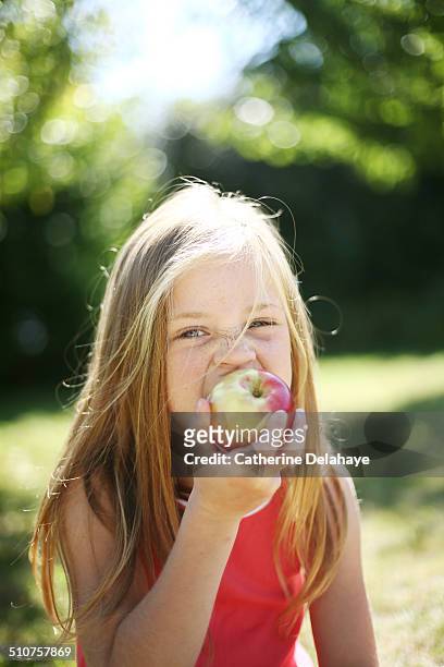 a girl eating an apple in a garden - eat apple stock pictures, royalty-free photos & images