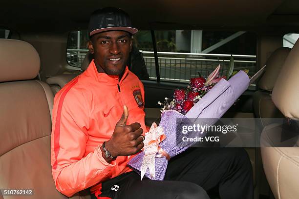 Colombian footballer Jackson Martinez of Guangzhou Evergrande arrives at the airport on February 17, 2016 in Guangzhou, China. Guangzhou Evergrande...