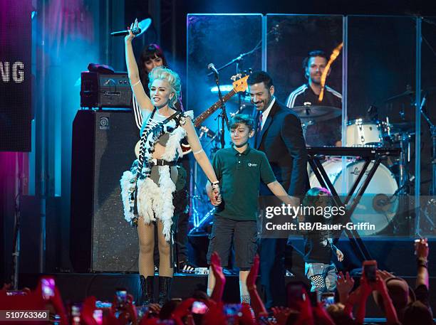 Gwen Stefani, Kingston Rossdale, Jimmy Kimmel and Apollo Rossdale are seen at 'Jimmy Kimmel Live' on February 16, 2016 in Los Angeles, California.