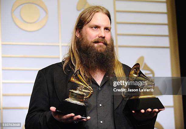 Musician Chris Stapleton poses in the press room at the The 58th GRAMMY Awards at Staples Center on February 15, 2016 in Los Angeles, California.