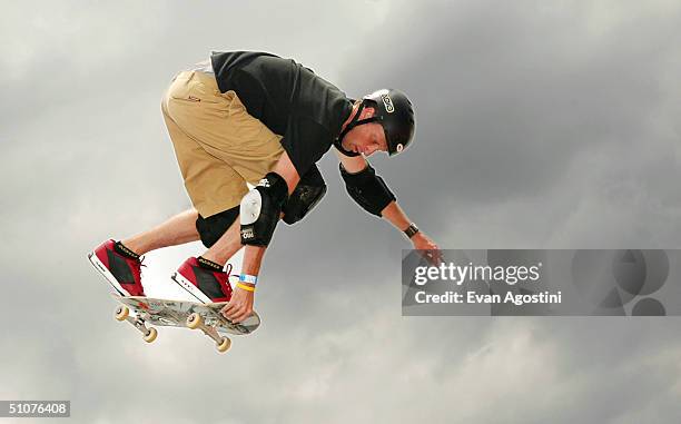 Professional skateboarding legend Tony Hawk participates in a skateboarding demonstration to promote his new radio show, "Tony Hawk's Demolition...