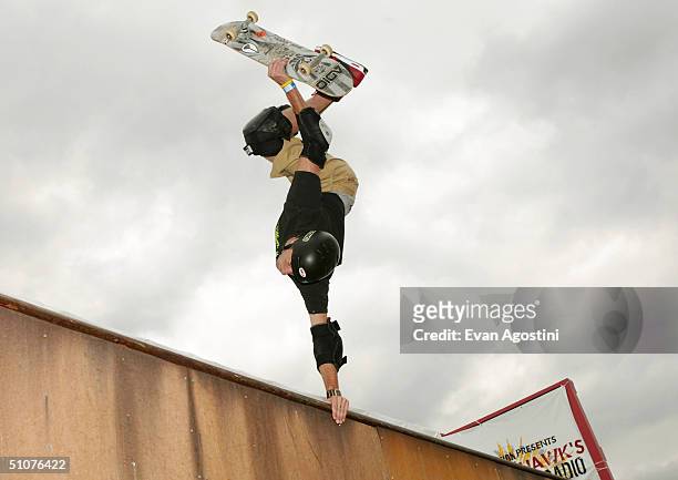Professional skateboarding legend Tony Hawk participates in a skateboarding demonstration to promote his new radio show, "Tony Hawk's Demolition...