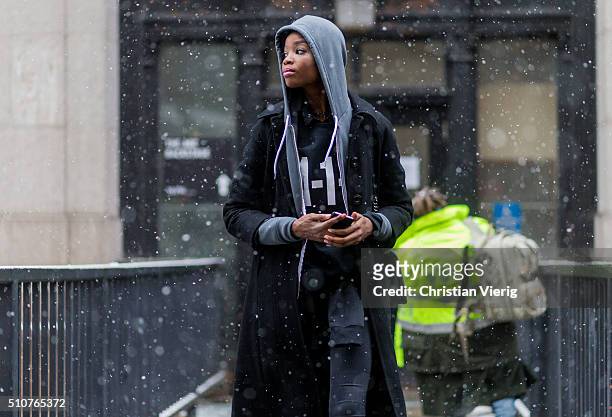 Model seen outside Jeremy Scott during New York Fashion Week: Women's Fall/Winter 2016 on February 15, 2016 in New York City.