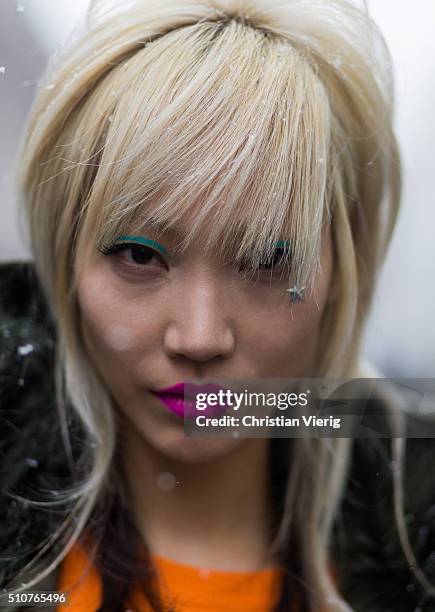 Portrait of model Soo Joo Park seen outside Jeremy Scott during New York Fashion Week: Women's Fall/Winter 2016 on February 15, 2016 in New York City.