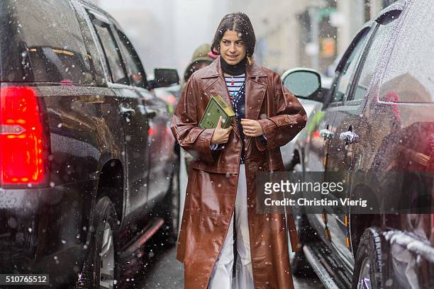Leandra Medine wearing a brown leather coat seen outside Phillip Lim during New York Fashion Week: Women's Fall/Winter 2016 on February 15, 2016 in...
