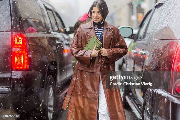 Leandra Medine wearing a brown leather coat seen outside Phillip Lim during New York Fashion Week: Women's Fall/Winter 2016 on February 15, 2016 in...