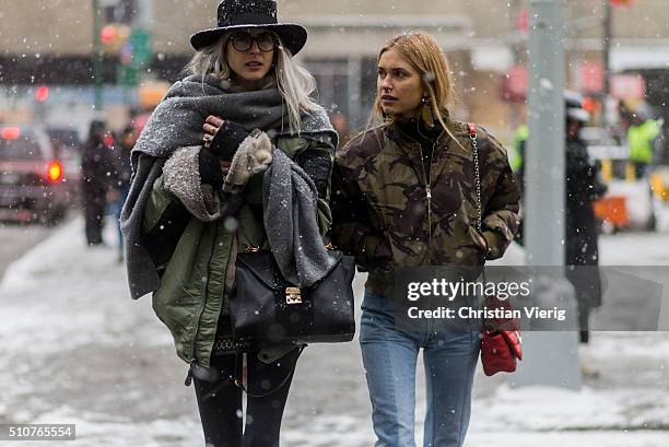 Pernille Teisbaek wearing a military bomber seen outside Phillip Lim during New York Fashion Week: Women's Fall/Winter 2016 on February 15, 2016 in...