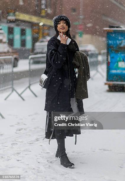 Chinese model Xiao Wen Ju seen outside Phillip Lim during New York Fashion Week: Women's Fall/Winter 2016 on February 15, 2016 in New York City.