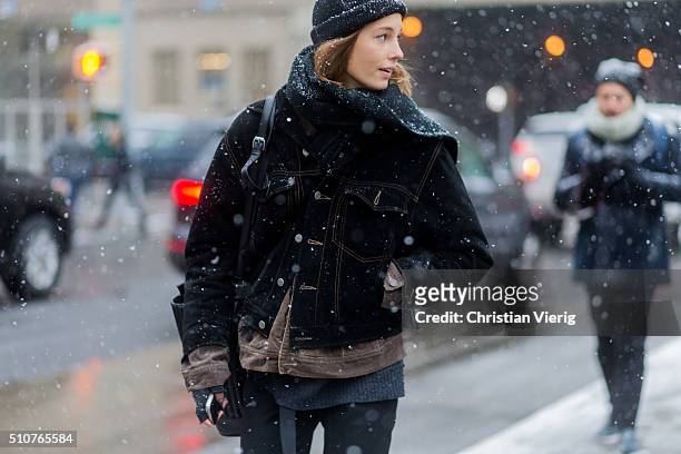 Dutch model Marleen Gaasbeek wearing a dark blue denim jacket seen outside Phillip Lim during New York Fashion Week: Women's Fall/Winter 2016 on...