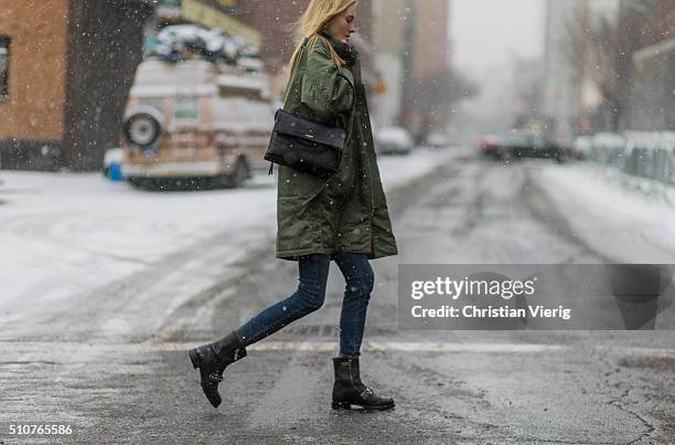 Model seen outside Phillip Lim during New York Fashion Week: Women's Fall/Winter 2016 on February 15, 2016 in New York City.