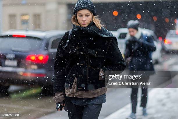 Dutch model Marleen Gaasbeek wearing a dark blue denim jacket seen outside Phillip Lim during New York Fashion Week: Women's Fall/Winter 2016 on...