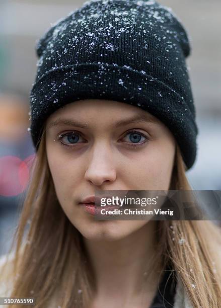 Portrait of a model wearing a black knit cap seen outside Phillip Lim during New York Fashion Week: Women's Fall/Winter 2016 on February 15, 2016 in...