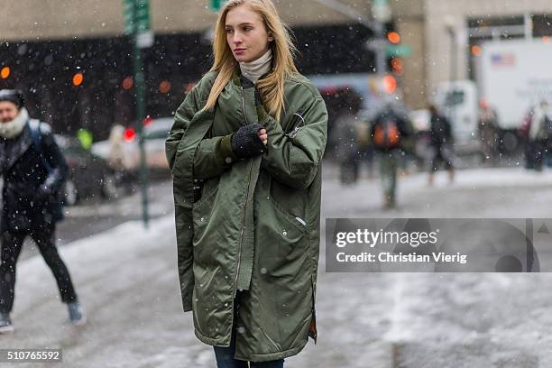 Model seen outside Phillip Lim during New York Fashion Week: Women's Fall/Winter 2016 on February 15, 2016 in New York City.