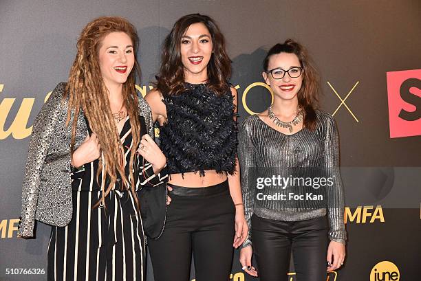 Elisa Paris, Lucie Lebrun and Juliette Saumagne from L.E.J. Attend The Melty Future Awards 2016 at Le Grand Rex on February 16, 2016 in Paris, France.