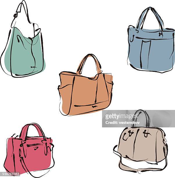 elegante mode frau-handtasche in skizze stil - handtasche stock-grafiken, -clipart, -cartoons und -symbole