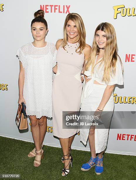 Lori Loughlin and daughters Isabella Giannulli and Olivia Giannulli attend the premiere of Netflix's 'Fuller House' on February 16, 2016 in Los...