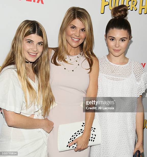 Lori Loughlin and daughters Isabella Giannulli and Olivia Giannulli attend the premiere of Netflix's 'Fuller House' on February 16, 2016 in Los...