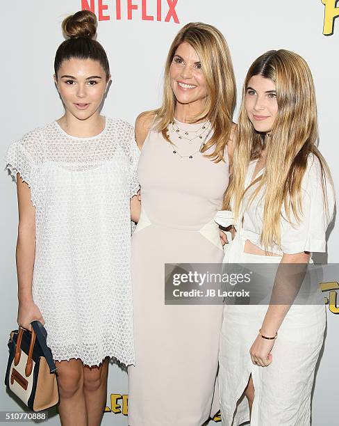 Lori Loughlin and daughters Isabella Giannulli and Olivia Giannulli attend the premiere of Netflix's 'Fuller House' on February 16, 2016 in Los...