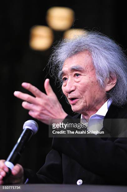 Conductor Seiji Ozawa speaks during a press conference after he won the Grammy Award for the best opera recording on February 17, 2016 in Kyoto,...