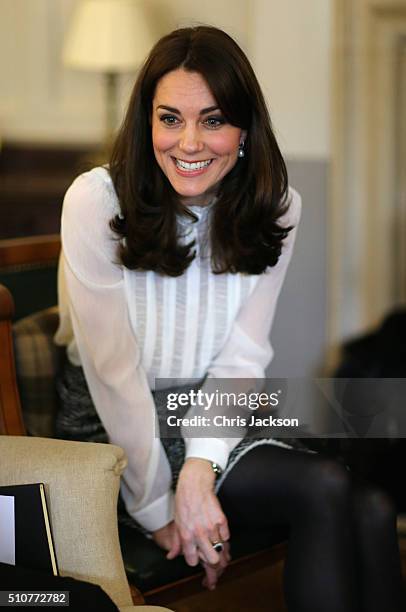 Catherine, Duchess of Cambridge talks to children from the 'Real Truth' video blog that features on the Huffington Post website at Kensington Palace...