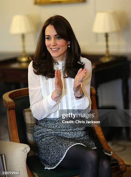 Catherine, Duchess of Cambridge talks to children from the 'Real Truth' video blog that features on the Huffington Post website at Kensington Palace...