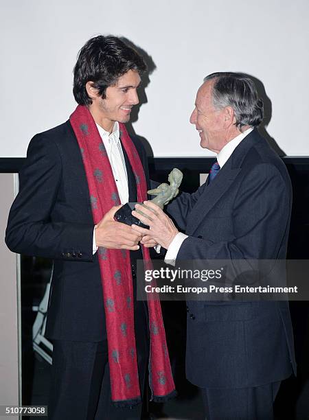 Jose Maria Alvarez del Manzano and Sebastian Castella attend 'La Maja de Goya' Bullfighting Awards 2016 at La Masia de Jose Luis Restaurant on...