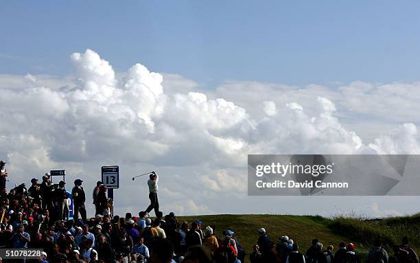 Todd Hamilton of USA plays his tee shot on the 13th hole during the third round of the 133rd Open Championship at the Royal Troon Golf Club on July...