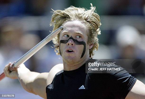 Breaux Greer at the US throws the Javelin during the US Olympic Track and Field Team Trials 17 July 2004 at the Alex G. Spanos Athletic Complex in...