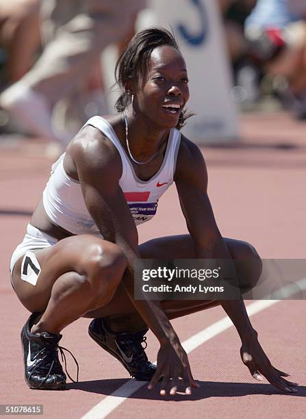 Monique Hennagan wins the women's 400 Meter Run Final during the U.S. Olympic Team Track & Field Trials on July 17, 2004 at the Alex G. Spanos Sports...