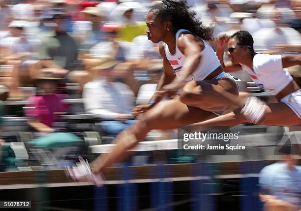 Gail Devers competes in the women's 100 Meter Hurdles Quarterfinals during the U.S. Olympic Team Track & Field Trials on July 17, 2004 at the Alex G....