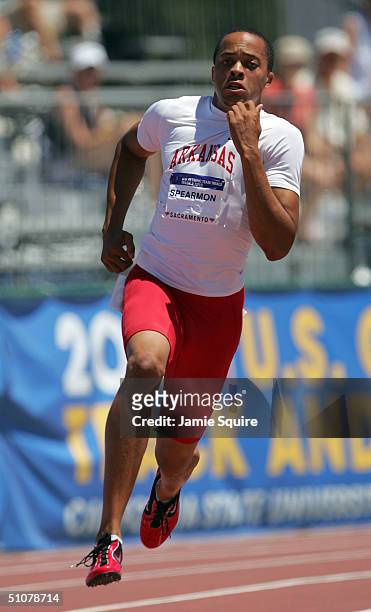 Wallace Spearmon competes in the 200 Meter Dash Quarterfinals during the U.S. Olympic Team Track & Field Trials on July 17, 2004 at the Alex G....