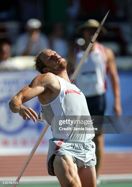 Tom Pappas competes in the Decathlon Javelin Throw during the U.S. Olympic Team Track & Field Trials on July 17, 2004 at the Alex G. Spanos Sports...