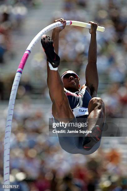 Bryan Clay competes in the Decathlon Pole Vault during the U.S. Olympic Team Track & Field Trials on July 17, 2004 at the Alex G. Spanos Sports...