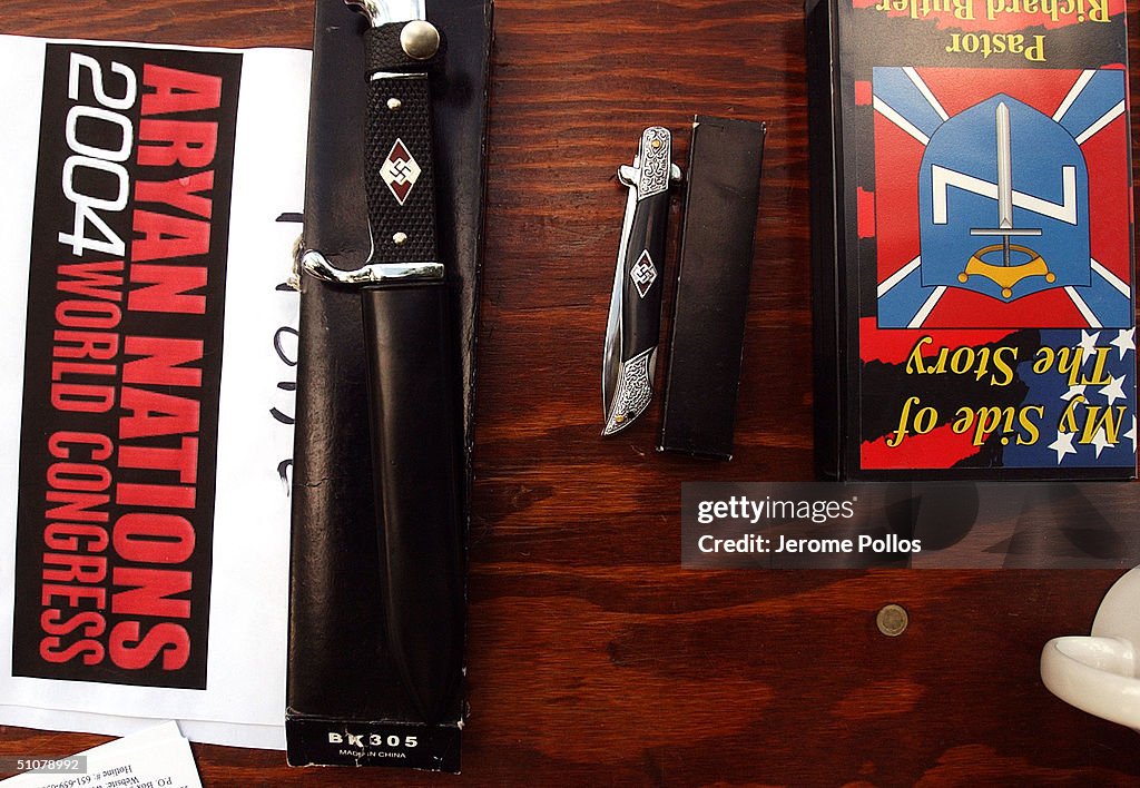 Aryan Aryan Nations members display raffle prizes during the Aryan World ...